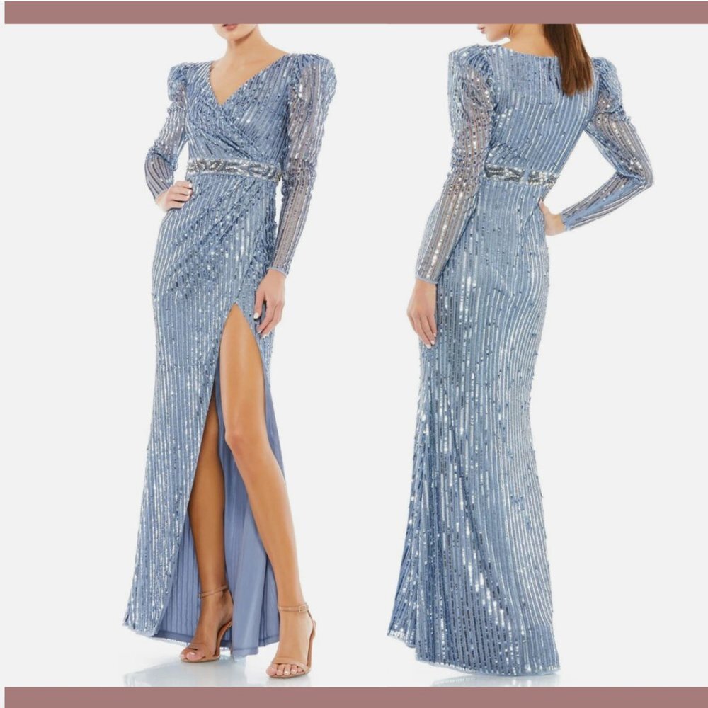 NWT $598 Mac Duggal [ 16 ] Sequin Puff Sleeve Surplice Gown in Slate Blue #Q461‎